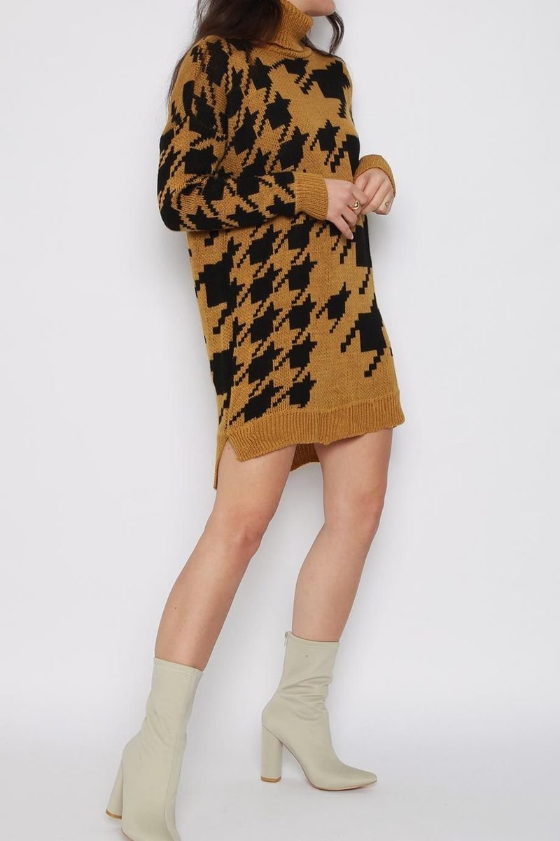 Luna Houndstooth Roll Neck Knitted Jumper Dress Thumbnail Luna Houndstooth Roll Neck Knitted Jumper Dress Thumbnail