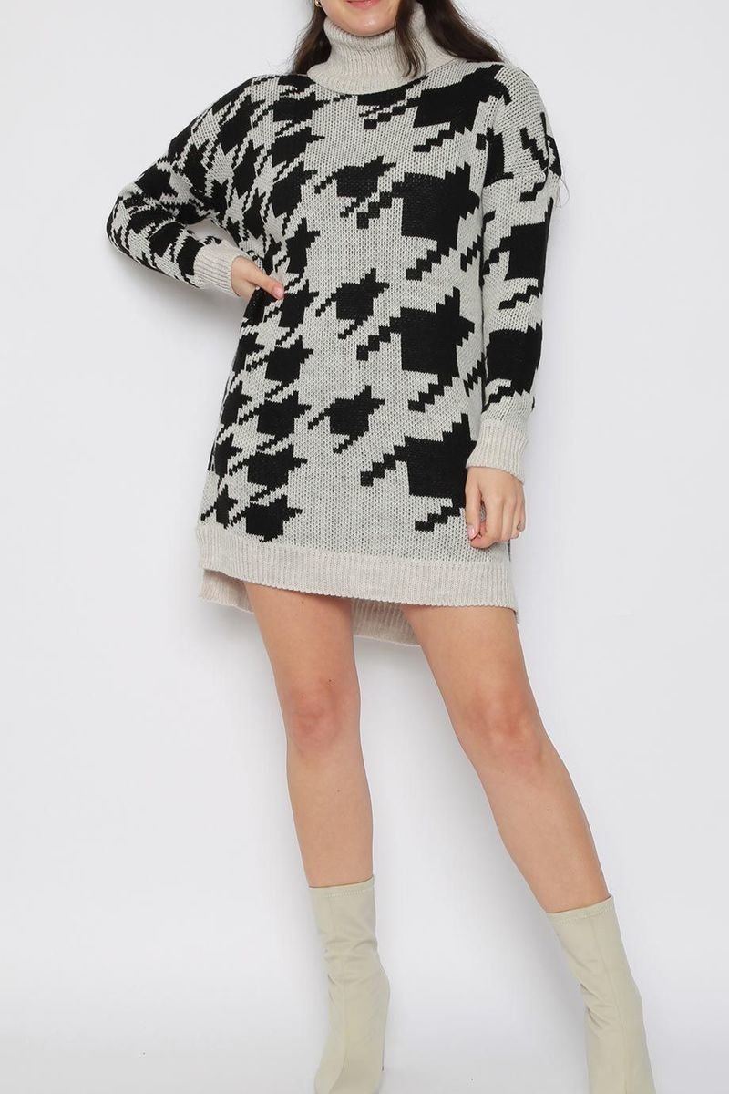 Luna Houndstooth Roll Neck Knitted Jumper Dress