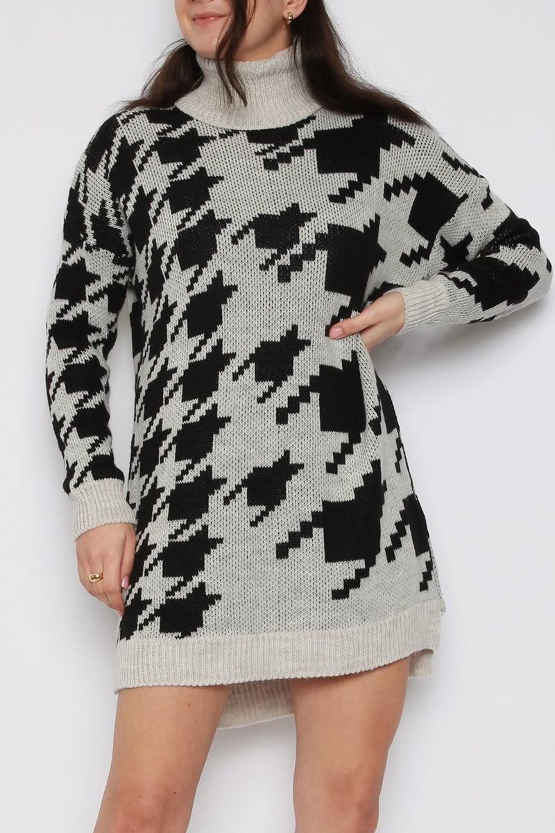 Luna Houndstooth Roll Neck Knitted Jumper Dress Thumbnail