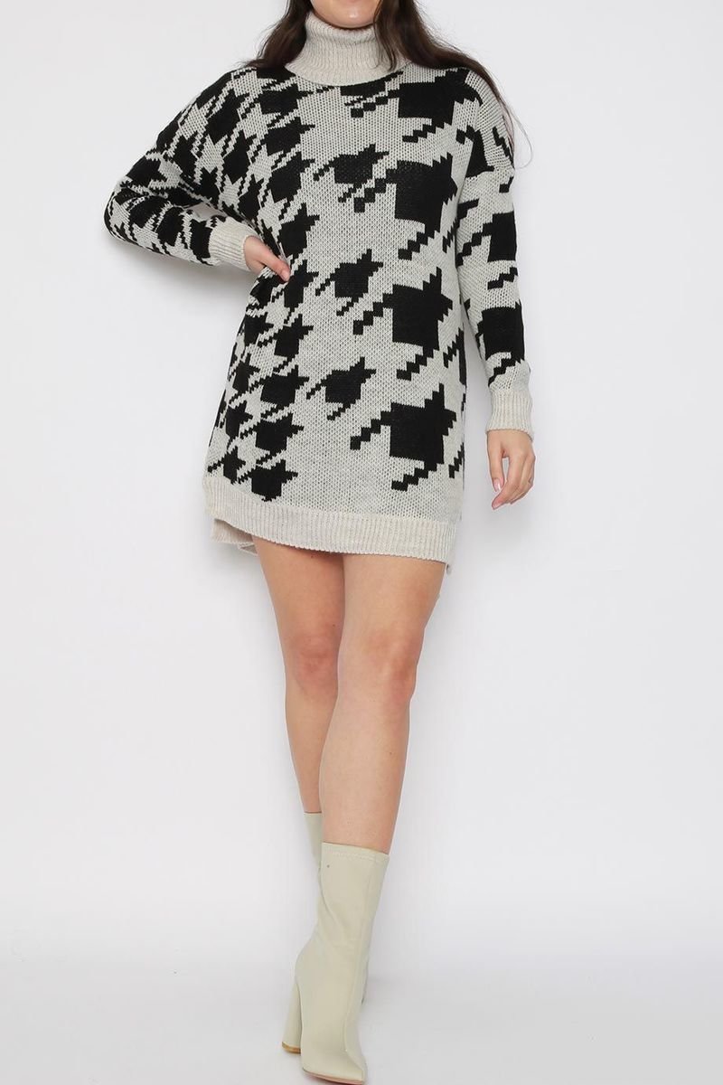 Luna Houndstooth Roll Neck Knitted Jumper Dress Thumbnail