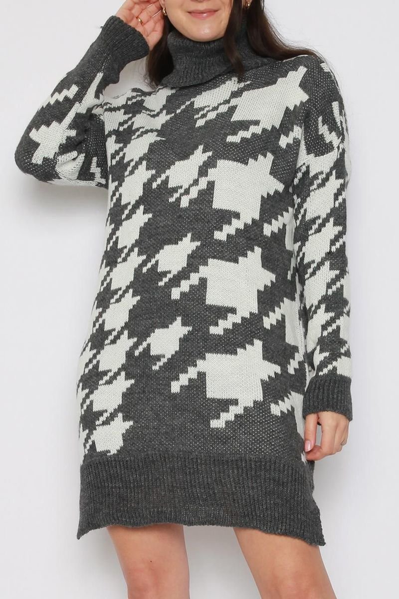 Luna Houndstooth Roll Neck Knitted Jumper Dress Thumbnail Luna Houndstooth Roll Neck Knitted Jumper Dress Thumbnail