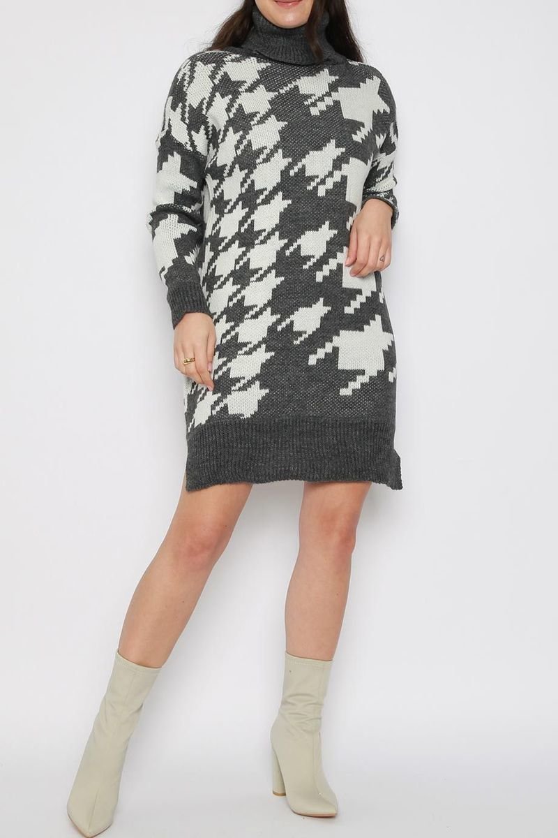 Luna Houndstooth Roll Neck Knitted Jumper Dress Luna Houndstooth Roll Neck Knitted Jumper Dress