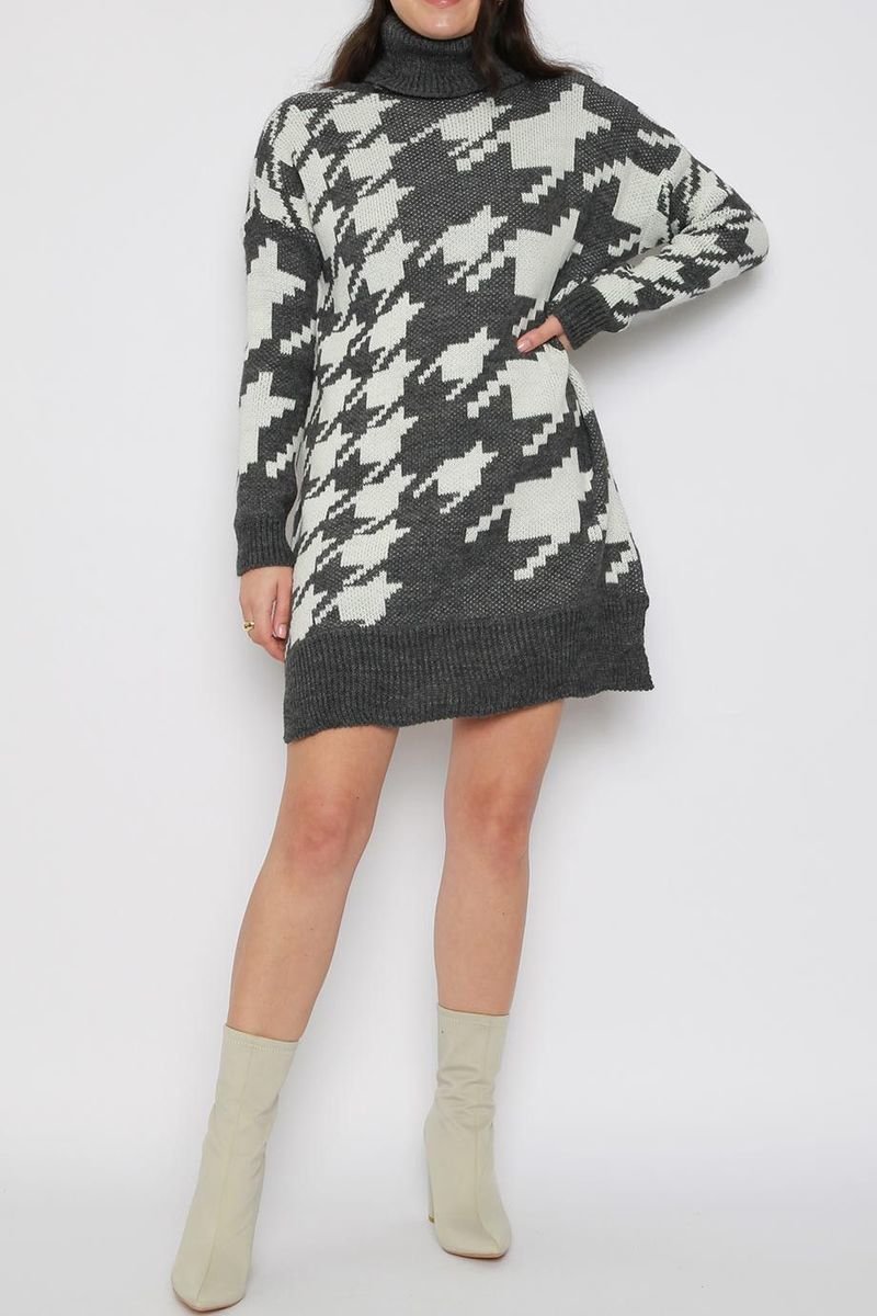 Luna Houndstooth Roll Neck Knitted Jumper Dress Thumbnail Luna Houndstooth Roll Neck Knitted Jumper Dress Thumbnail