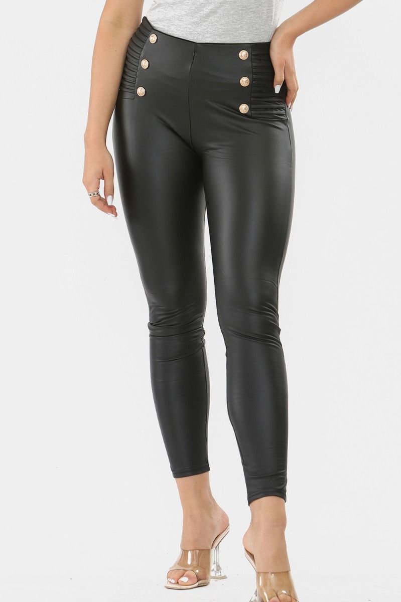 Libby Biker High Waisted Button Detail Wet Look Leggings Thumbnail