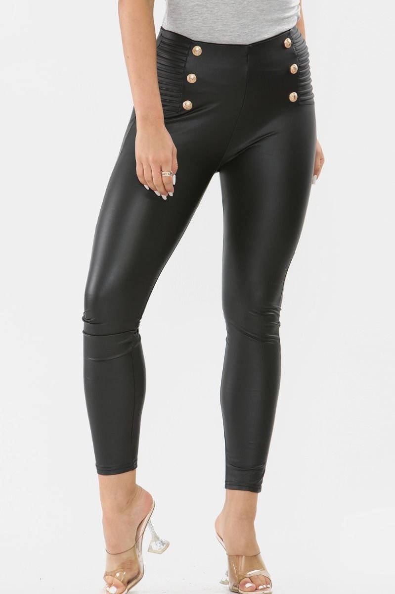Libby Biker High Waisted Button Detail Wet Look Leggings Libby Biker High Waisted Button Detail Wet Look Leggings