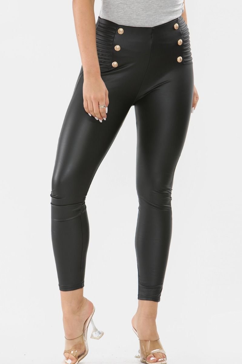 Libby Biker High Waisted Button Detail Wet Look Leggings